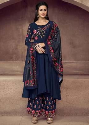 Faux Georgette With Embroidery Designer Palazzo Suit Navy Blue Color Suit 