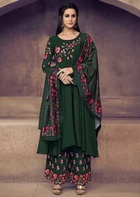 Faux Georgette With Embroidery Designer Palazzo Suit Dark Green Color Suit 