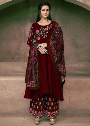 Faux Georgette With Embroidery Designer Palazzo Suit Wine Color Suit 