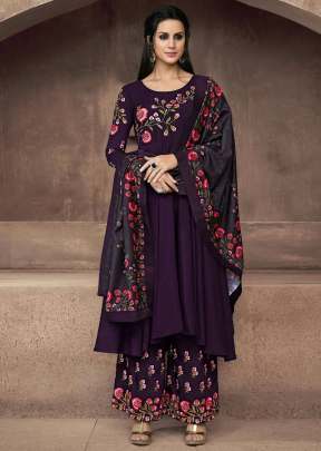 Faux Georgette With Embroidery Designer Palazzo Suit Purple Color Suit 