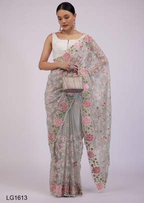 Grey Organza With Multi Threads Embroidered Work Saree LG1613