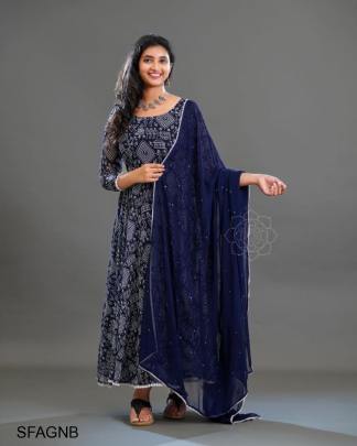 Nevy Blue Butti Fox Georgette With  kolam Mural Print Gown 