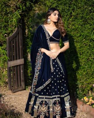 Royal Blue  Viscose Velvet With Heavy Embroidery Choli With Dupatta 