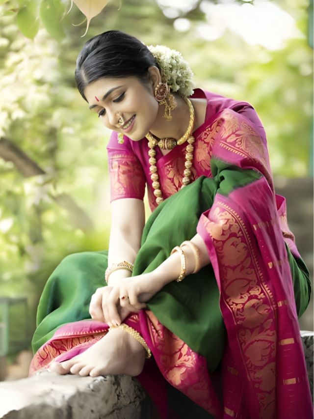 Bridal saree sitting pose for girl