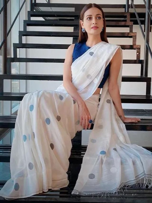 Dia Mirza Sitting Saree Pose on Stairs