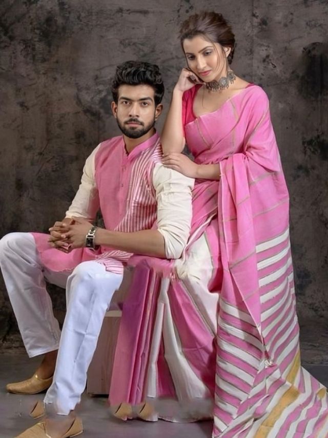 Man Sitting Below Woman and Woman’s Hand Rest on Man’s Shoulder with Saree Pallu Falling