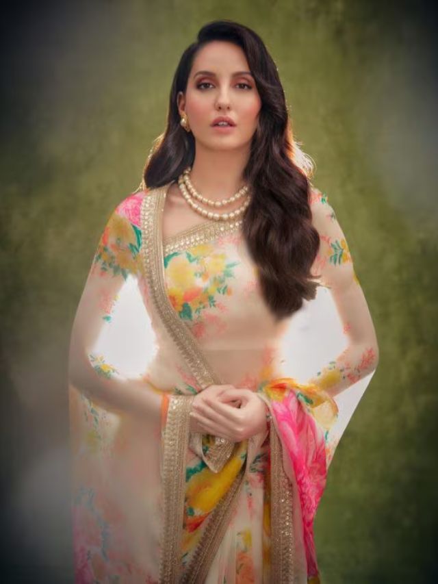 Nora Fatehi's Pallu Wrapped on Shoulder Sober Saree Pose