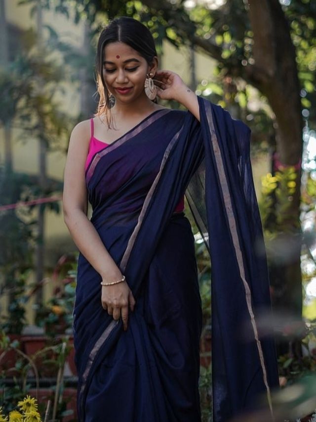 One Hand on Jhumka Photoshoot Pose in Blue Saree