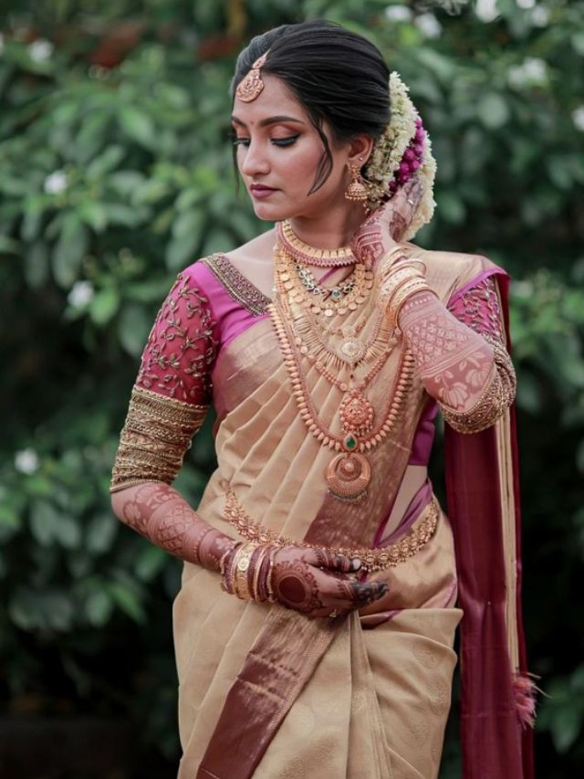 South indian bridal standing saree pose image