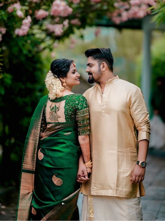 Turn Back Standing Saree Couple Pose with Holding Hands