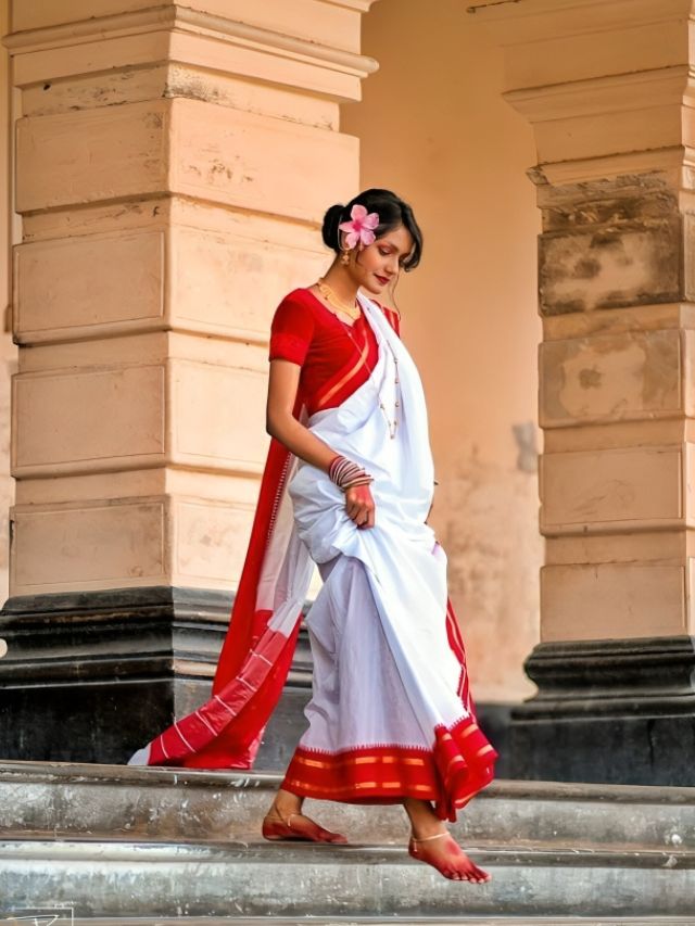 White and Red Bengali Saree Posing Style for Photoshoot