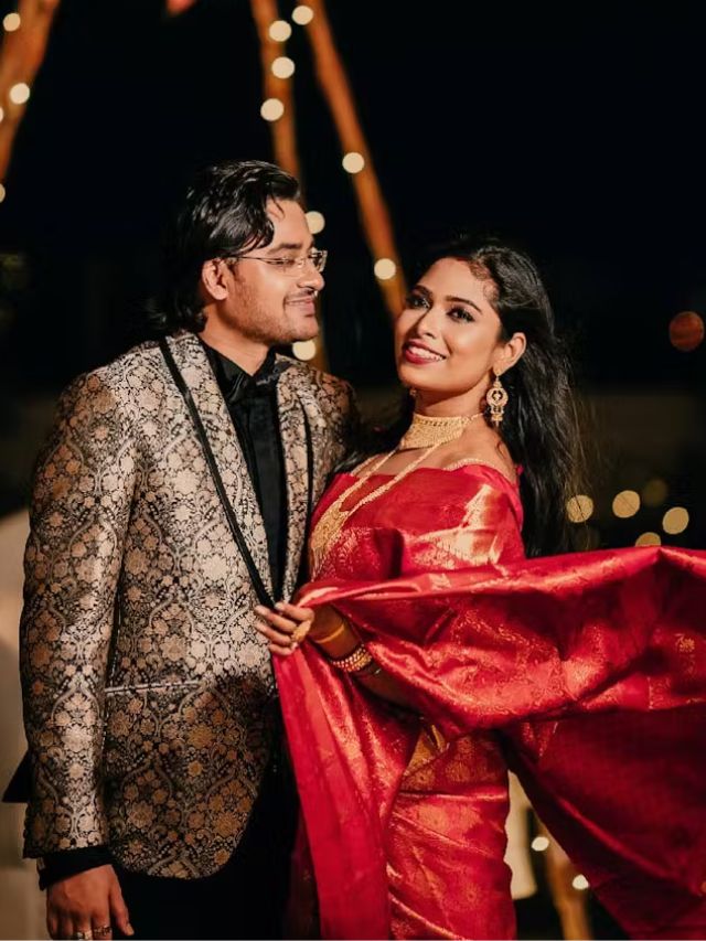 Woman Flowing Saree Pallu and Man Holding Her