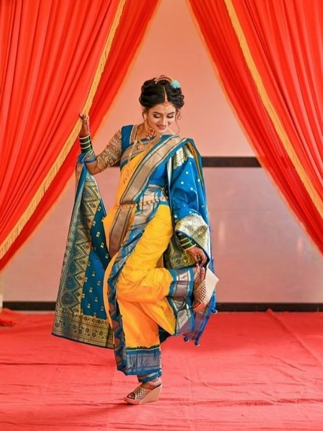 Yellow and Cyan Blue Nauvari Saree Pose