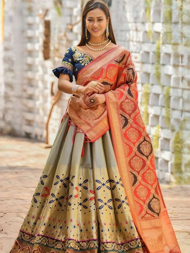 Asymmetrical Banarasi Dupatta Draping Styles for Lehenga