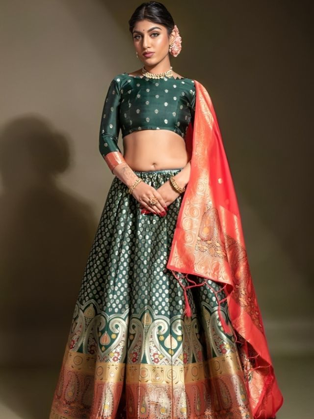 Asymmetrical Banarasi Dupatta Draping Styles on Lehenga