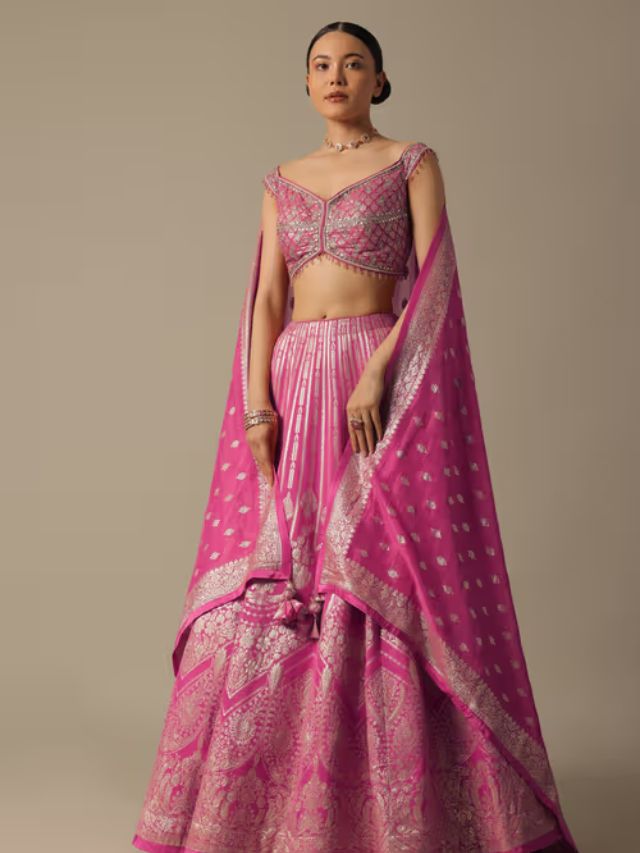 Cape Style Banarasi Dupatta Draping With lehenga