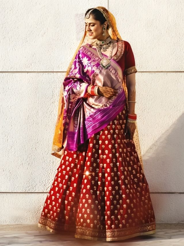 Gujarati Style Banarasi Dupatta Draping for Lehenga