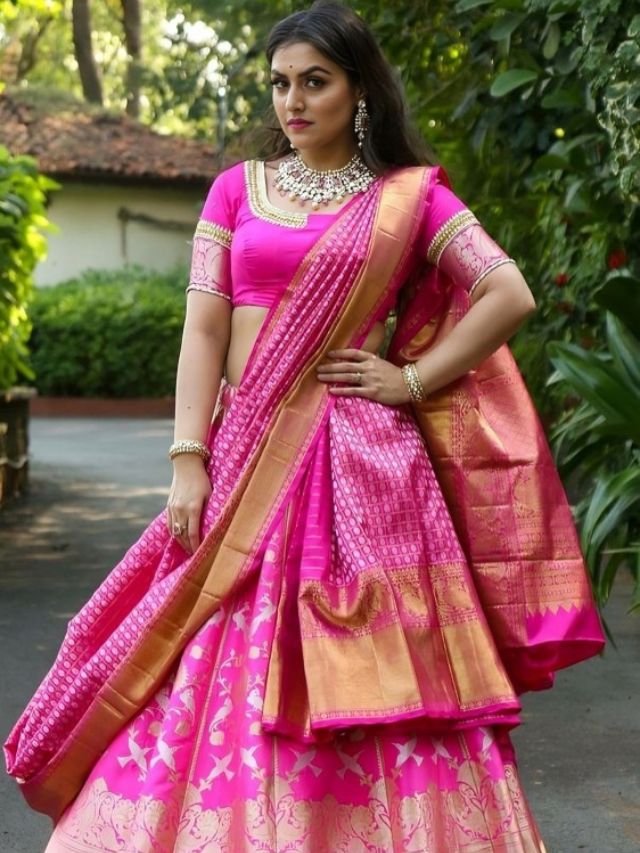 Saree Style Banarasi Dupatta Draping on Lehenga