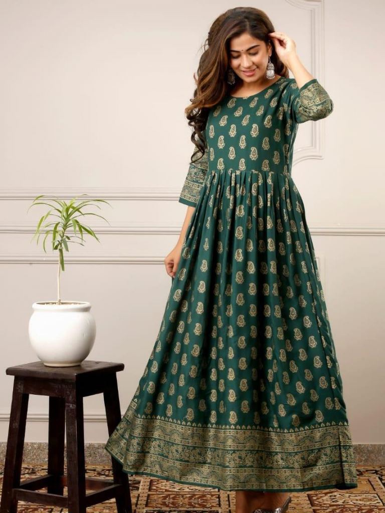 Buy Beautiful Heavy Reyon With Heavy Gold Print Green Color Kurti at Rs ...
