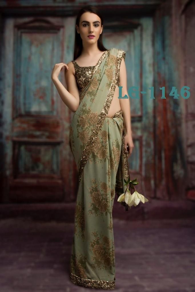 Buy GEORGETTE WITH PRINT AND SEQUANCE WORK LACE BORDER at Rs. 780 online  from Surati Fabric designer sarees : SF-LG-1146-G