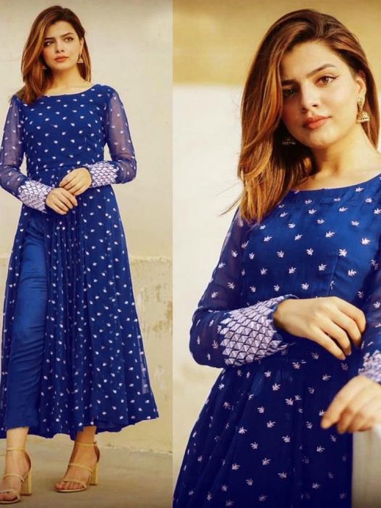 Buy Georgette Fabric With Silk Lining Designer Dark Blue Color Kurti at Rs. 1020 online from Surati Fabric fancy kurtis SF GGT DBLU