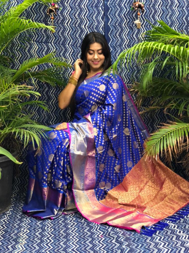 Royal Blue Floral Silk Saree - Mogra Designs