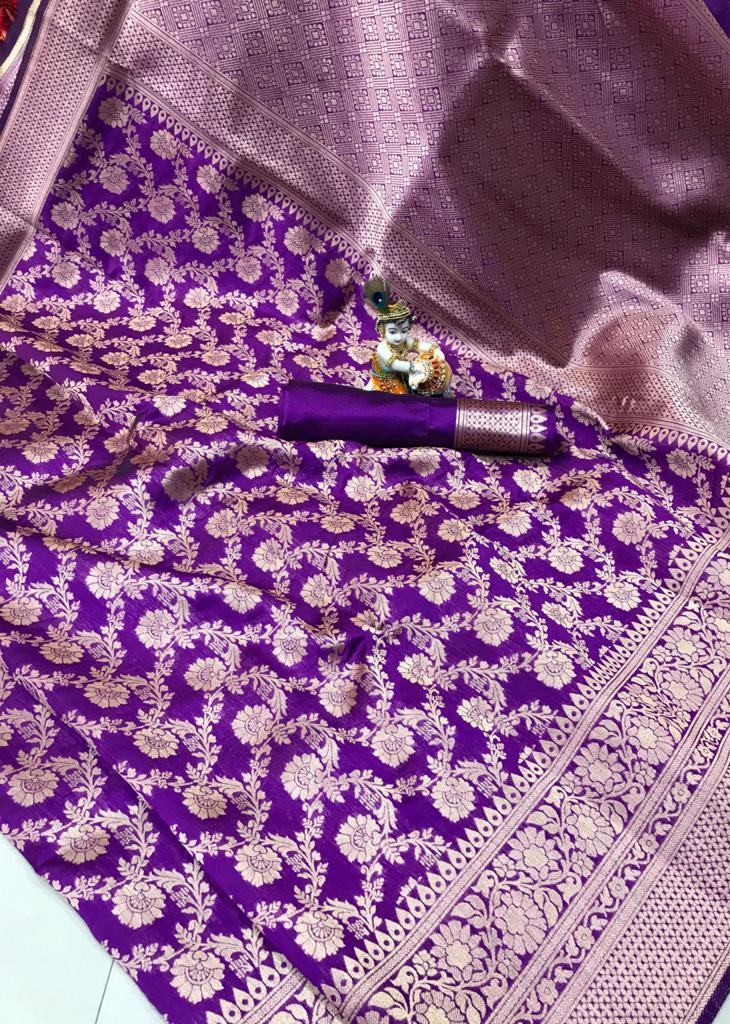 Indigo Purple Banarasi Silk Saree with Mirror, Diamond & Kachhi work –  Ethnos