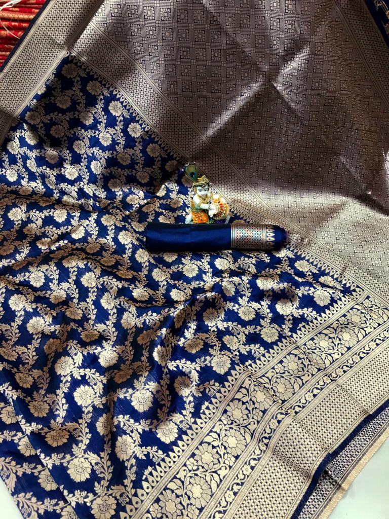 Handwoven Pure Katan Silk Blue Kadwa Jaal Silver Zari Banarasi Saree –  Khinkhwab