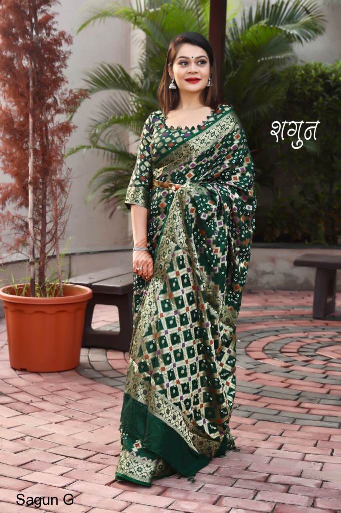 Dark Green Brasso Silk With Bandhani Print Festive-Wear Saree [Contrast- Blouse]