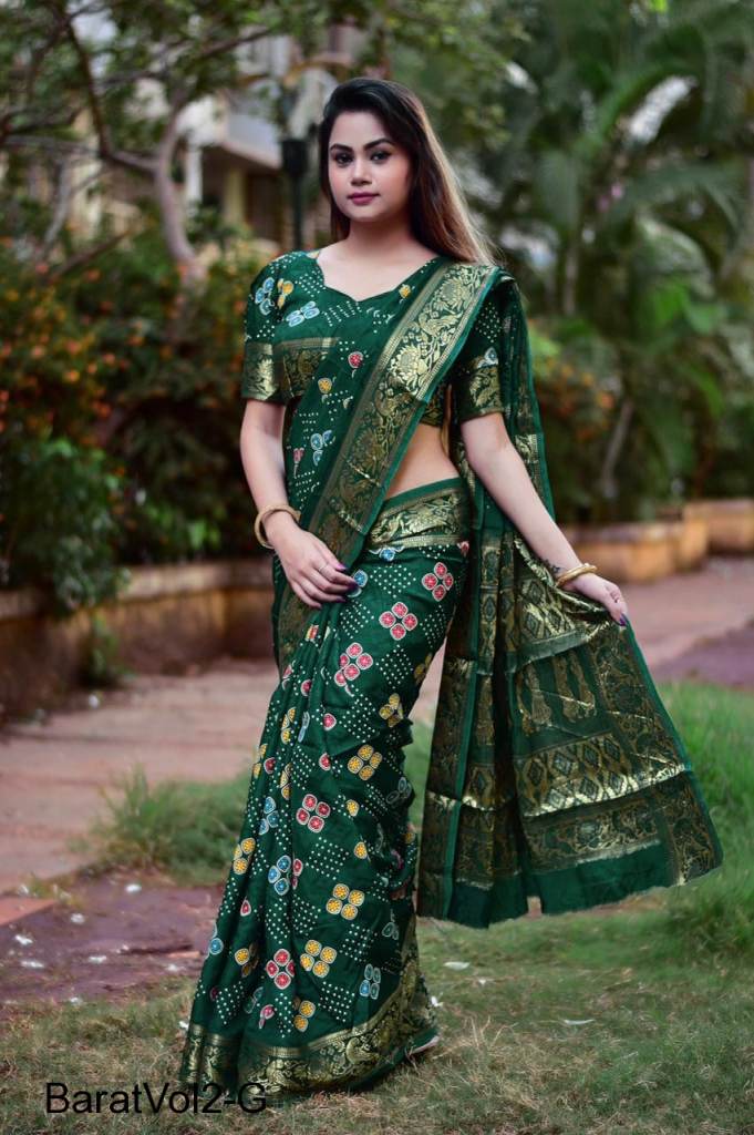 Buy Dark Green Zari woven Gajji Silk Bandhani Saree Online | Samyakk