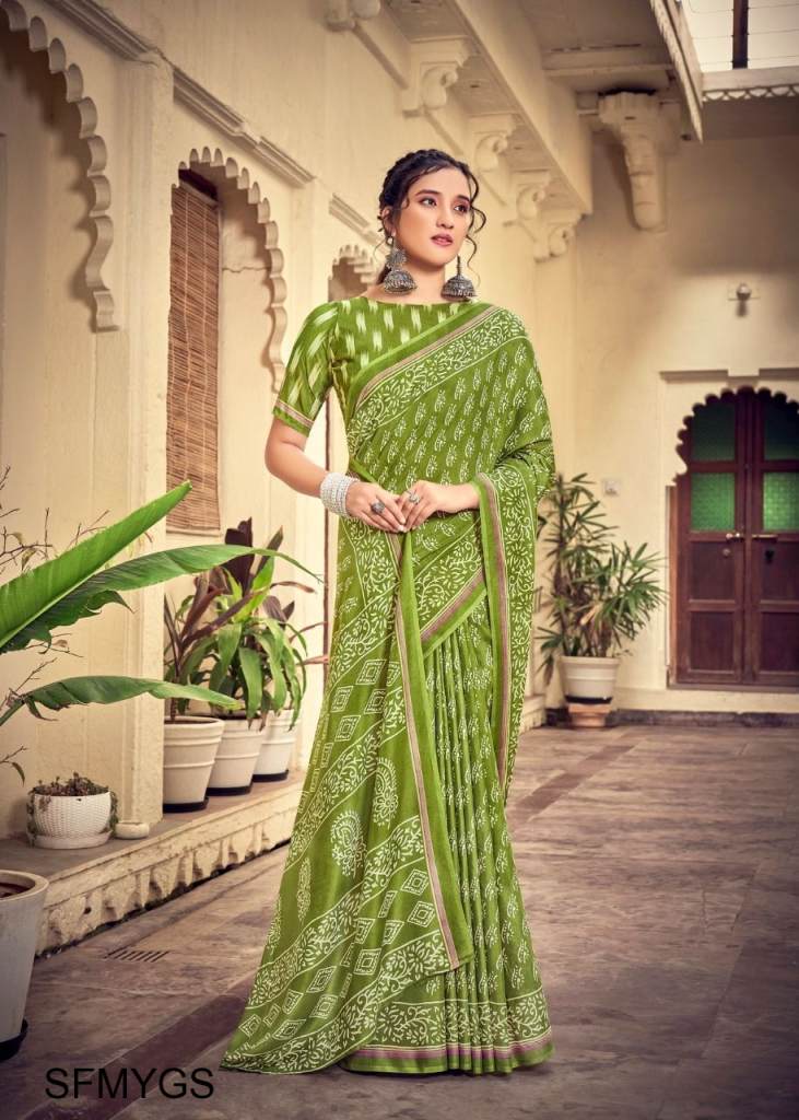 Latest Green Cotton Leheriya Party Wear Saree With Blouse