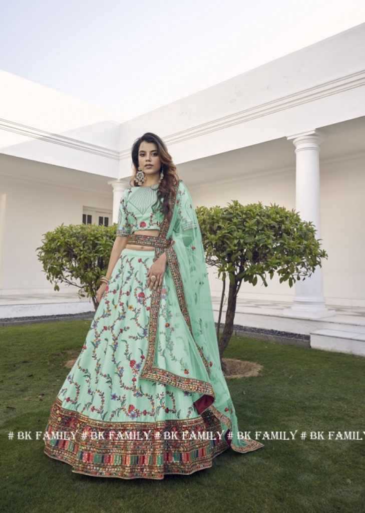Stunning Rama Green Colored Floral Embroidered Banglori Silk Lehenga Choli