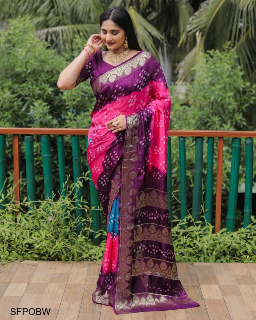 Vibrant mustard color Bandhani saree with lace and contrasting purple blouse.Includes  stitched blouse size 38 extendable upto 42. For… | Instagram