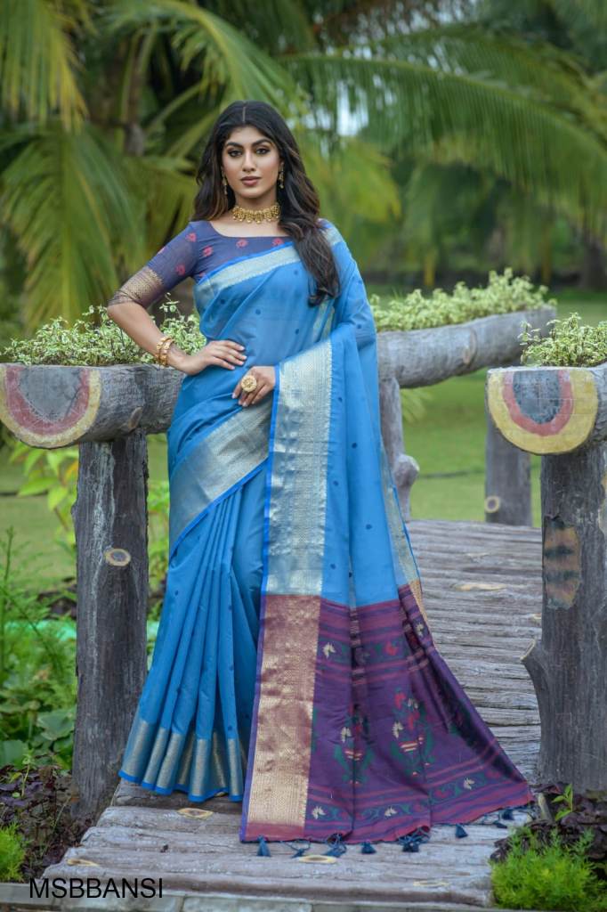 VWAL8707 Blue Chanderi Cotton Silk Printed Saree with Maheshwari pattern  and Banarasi Border – Chhabra 555