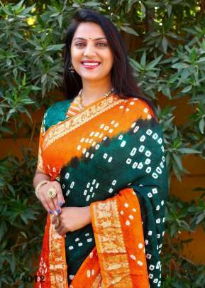 BARAATI 2 Bandhej Silk Saree In Green And Orange Color By Surati Fabric 
