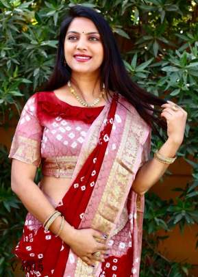 BARAATI 2 Bandhej Silk Saree In Peach And Red Color By Surati Fabric 
