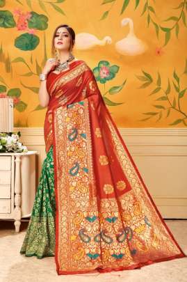 BEAUTIFUL PLAIN SAREE WITH HEAVY LOOK IN  RED AND GREEN 