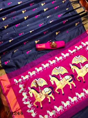 Banarasi Cotton Silk Navy Blue Saree By Surati Fabrics