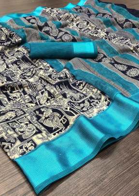 Beautiful Soft Linen Cotton Saree For Daily Wear Blue Color.