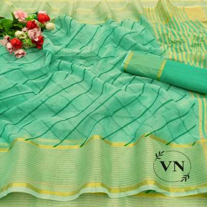 Cotta Chex With Print Green Colour Saree