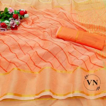 Cotta Chex With Print Orange Colour Saree