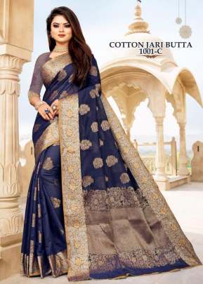  Cotton Jari Butta Navy Blue Color Saree