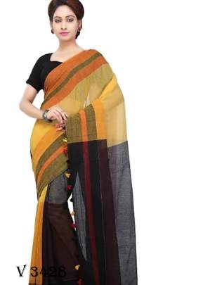 Cotton With Pure Weaving Yellow & Brown Color Saree By surati Fabric