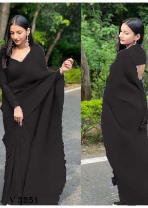 Crush Pleated Black Saree By Surati Fabrics