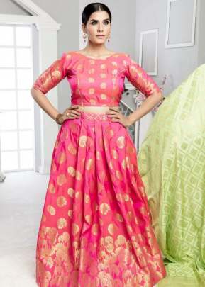 DESIGNER SOFT TIFI SILK LEHENGA LIGHT RANI PINK WITH LIGHT GREEN.