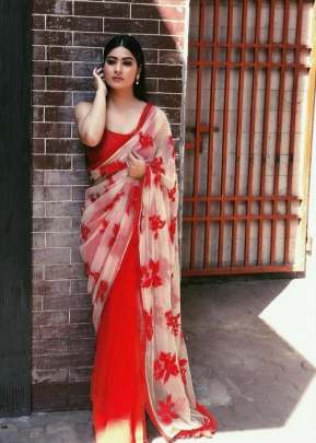 Designer Net And Georgette Red Color Saree 