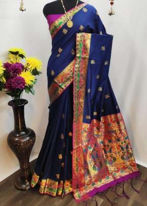 Designer Paithani Lichi Silk Blue Color Saree