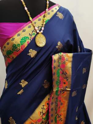 Designer Paithani Lichi Silk Blue Color Saree