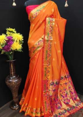 Designer Paithani Lichi Silk Orange Color Saree