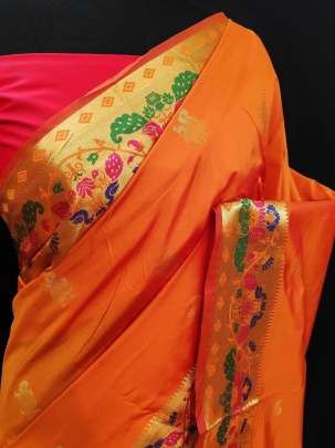 Designer Paithani Lichi Silk Orange Color Saree